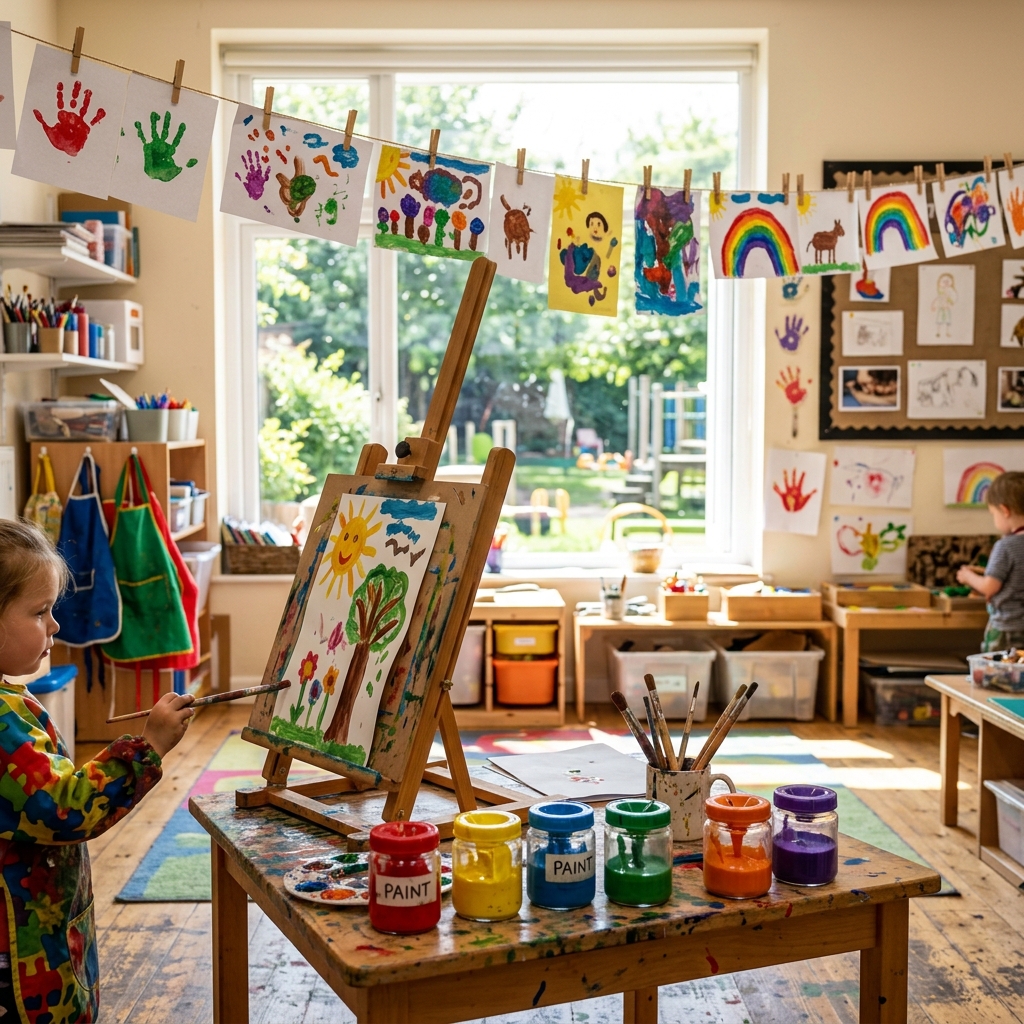 Children's wooden play materials and colorful paints