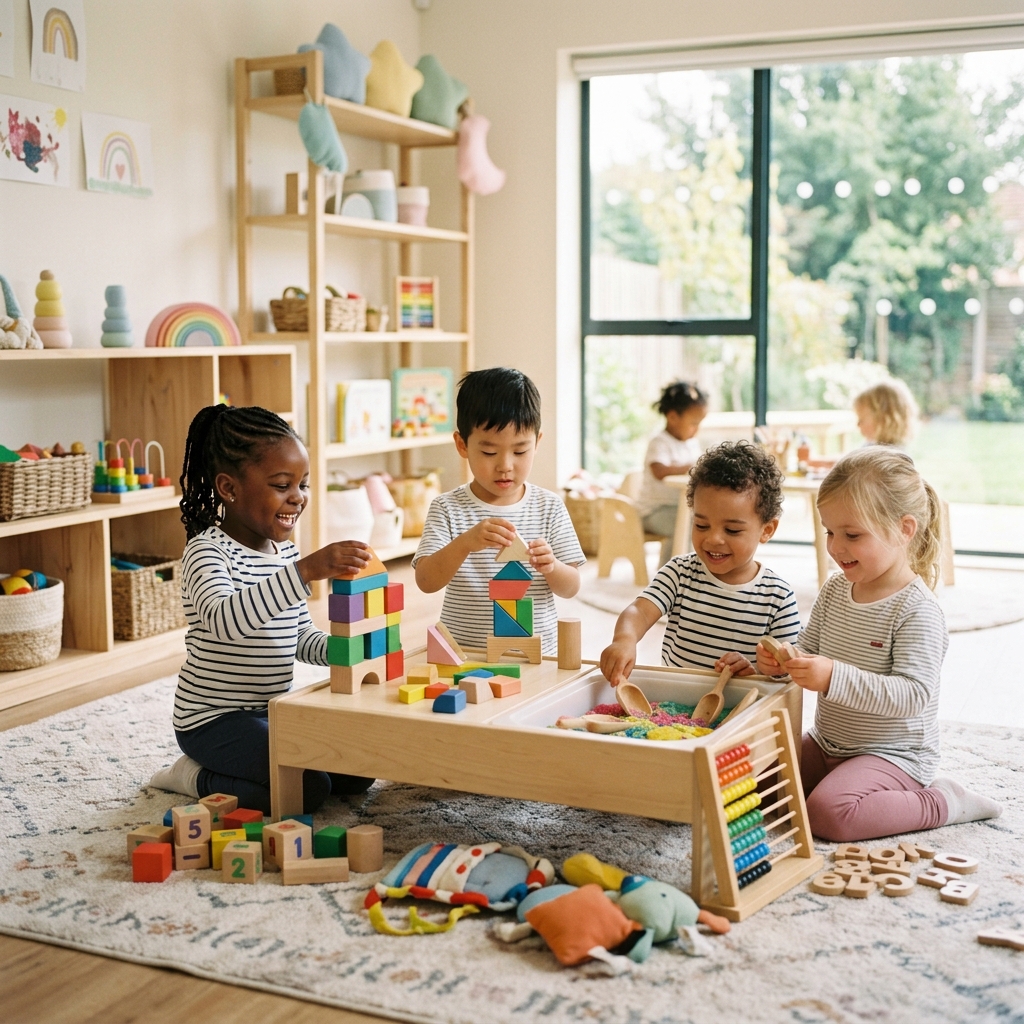 Happy children playing with educational wooden toys together