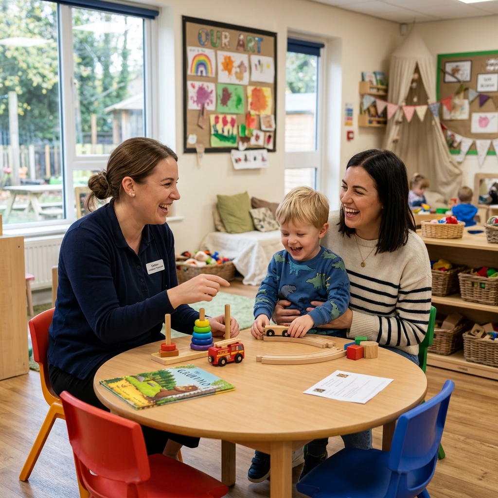 Nursery teacher, parent, and child playing together with wood toys during nursery tour