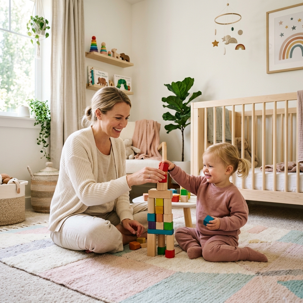 Parent helping her child build wood toys in the nursery