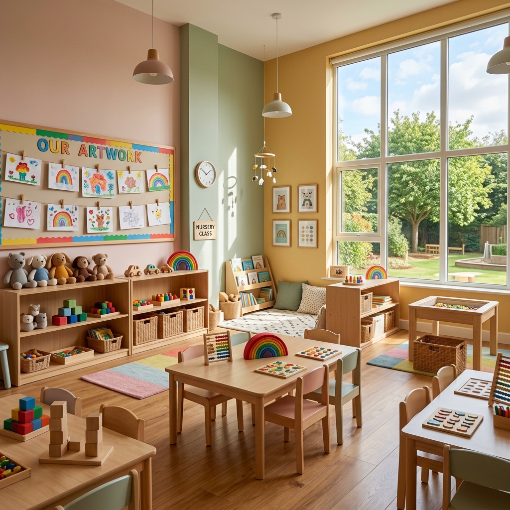 Bright, sunny nursery classroom filled with premium wooden educational play toys