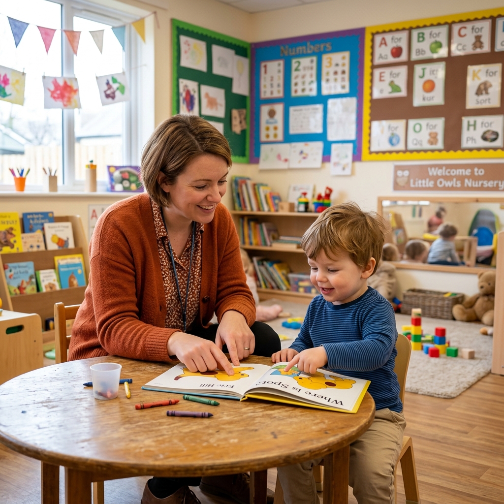 Nursery teacher reading a book one on one with a child