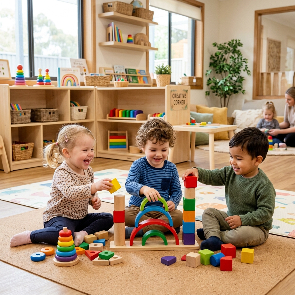 Toddlers playing with educational toys in the classroom